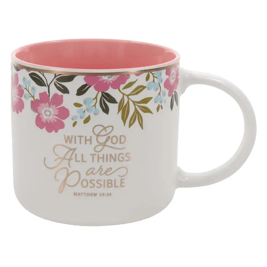 With God All Things Are Possible Floral Ceramic Mug with Pink Interior