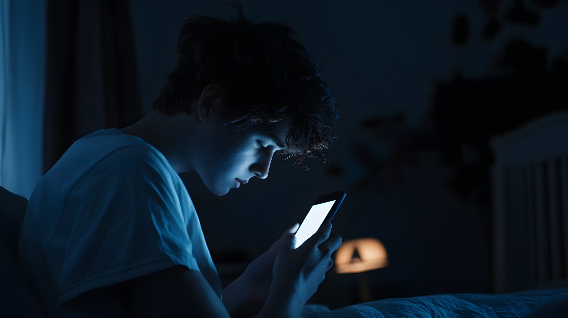 Young person stares intently at glowing handheld electronic device while resting in darkness