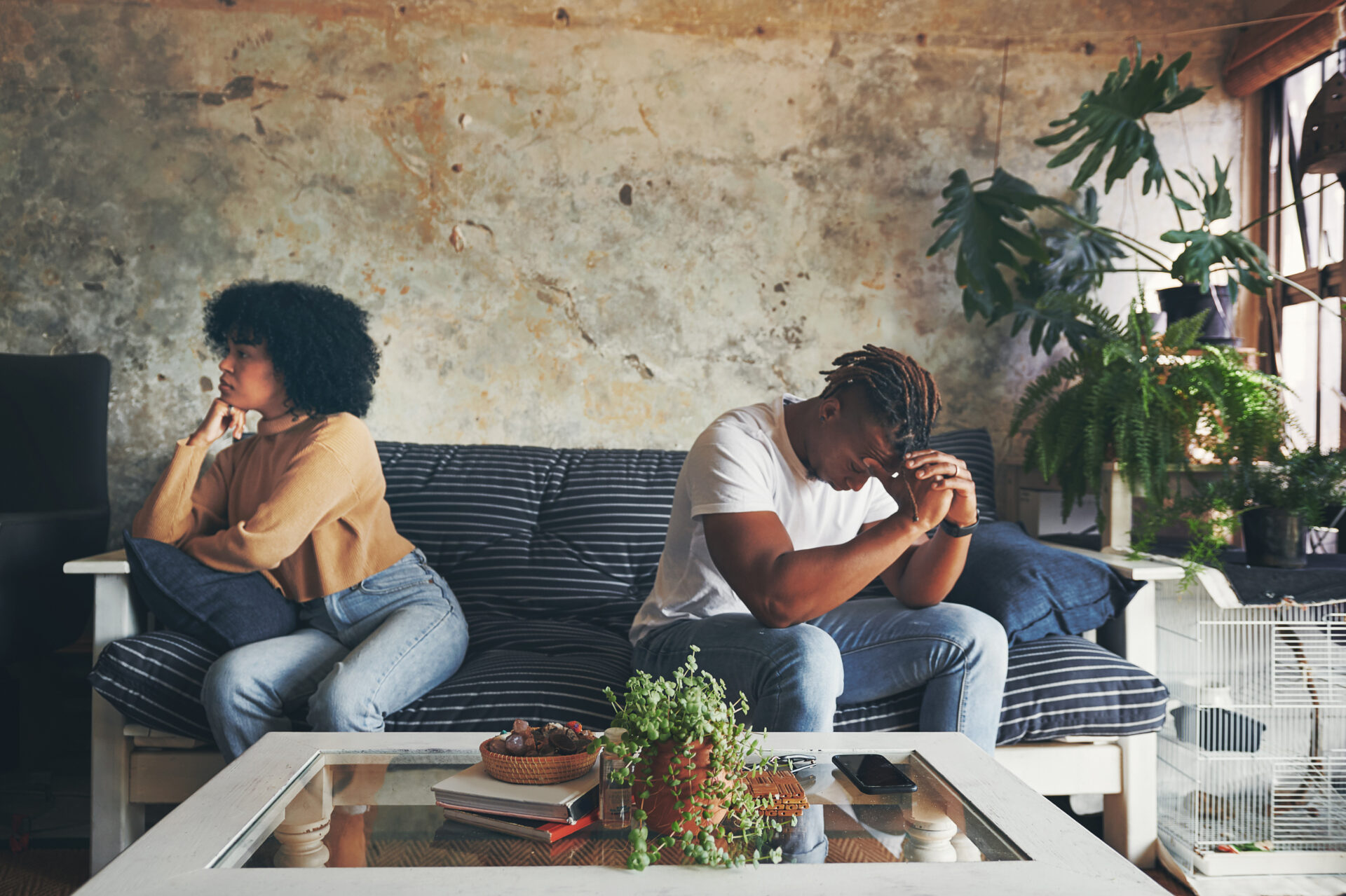 couple-fight-ignore-home-marriage-fail-divorce-crisis-with-toxic-relationship-living-room-african-man-woman-conflict-breakup-cheating-mistake-stress-infidelity